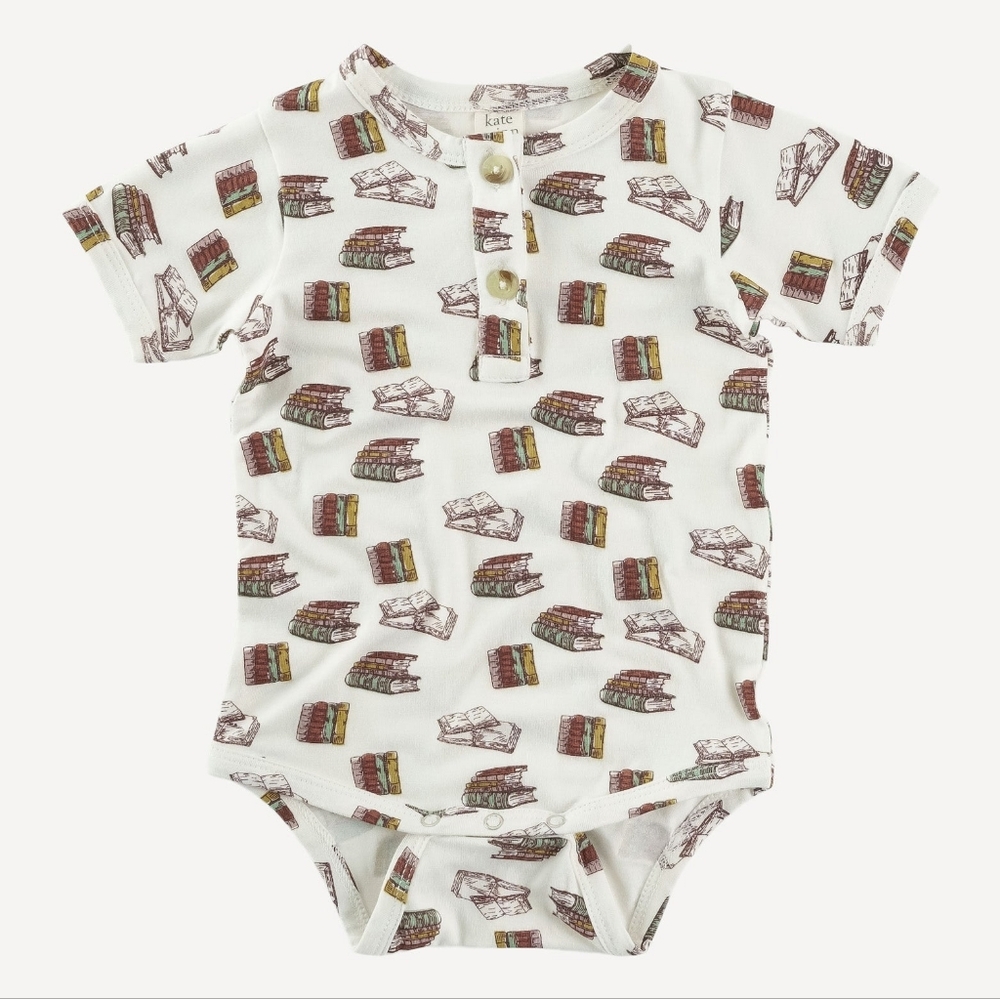 2T Kate Quinn Organics 📚 Short Sleeve Henley Bodysuit Vintage Books Bamboo